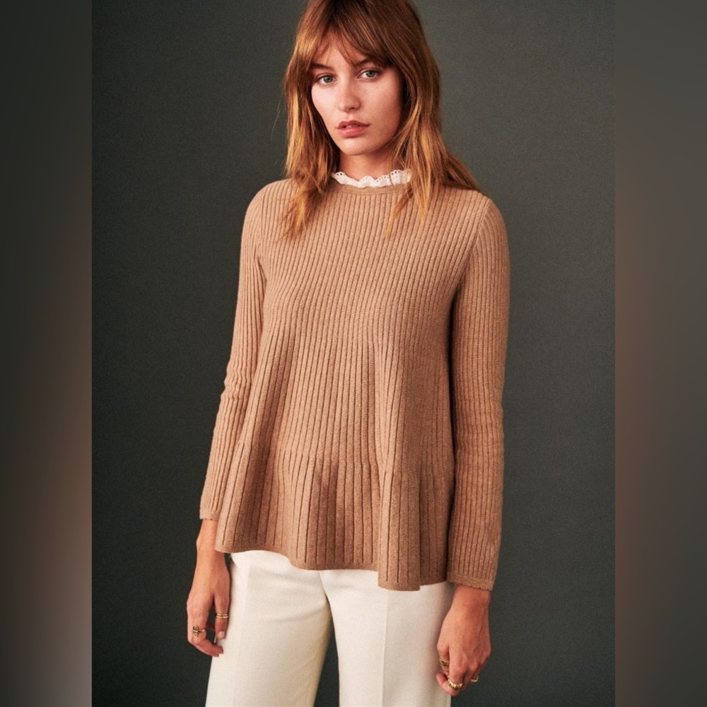Sezane || Apolline Sweater with Removable Collar Ribbed A-Line Jumper Camel XS